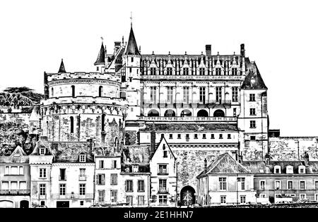 Schloss Amboise im Loire-Tal, Touraine Region, Frankreich - vintage gemalte Stil Illustration Serie, Bleistift Zeichnung Stil. Stockfoto