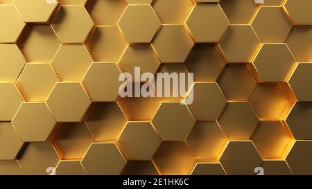 Polygonale Mosaikoberfläche mit goldenem Sechseck. Stockfoto