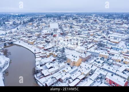 Luftaufnahme der Altstadt von Porvoo, Finnland im Winter Stockfoto