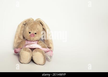 Flauschige, niedliche kleine Spielzeug Hasenhase in rosa Kleid auf weißem Hintergrund mit Copy Space Stockfoto