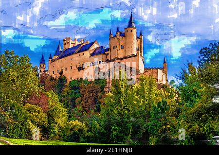 Blick auf die mittelalterliche Burg Alcazar, Segovia, Spanien Stockfoto