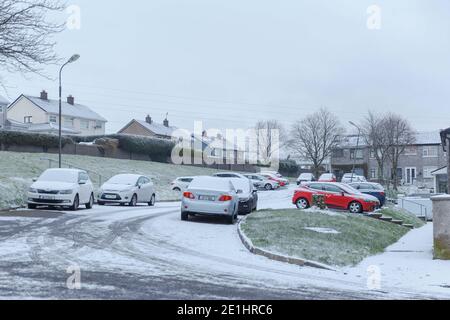 Cork, Irland. Januar 2021. Snow Falls auf Cork City. Glenheights Park bedeckt mit Schnee. Die Einwohner von Cork sind heute Morgen nach einem kurzen Schneeschauer in der Stadt und den Vororten aufgewacht, die von einer Schneedecke bedeckt waren. Viele haben sich in Mäntel und Hüte eingewickelt und gingen hinaus, um die frische Luft zu genießen und die schönen Szenen zu sehen. Kredit: Damian Coleman/Alamy Live Nachrichten Stockfoto