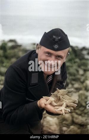 Frankreich - Frankreich in den 1940er Jahren. Le Havre - Deutsche Marine sailor mit Seestern am Strand. Foto von Erich Andres Essenrode, Mann mit Seesternen am Strand von Le Havre, 1940er Jahre. Stockfoto