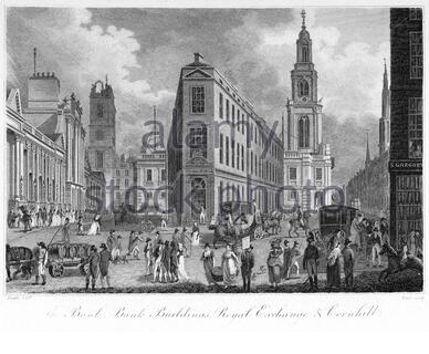 The Bank, Bank Buildings, Royal Exchange, Cornill, London England, Vintage Illustration von 1804 Stockfoto