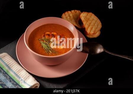 Frische Pilzpüree-Suppe mit Gemüse, Dill und Toast Stockfoto