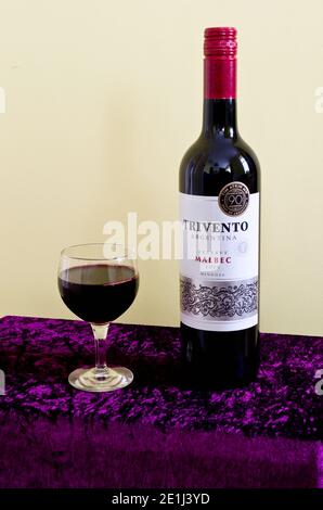 Flasche Trivento Malbec 2019 Argentinischer Rotwein und Glas Stockfoto