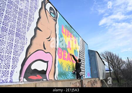 Lancing West Sussex UK 7. Januar 2021 - der Street-Artist Luke Henley, bekannt als Wooze, setzt seinen letzten Schliff an seinem neuesten Stück "Life's A Beach" an der Lancing Seafront in der Nähe von Worthing in West Sussex . Der Künstler erhielt die Erlaubnis, das Kunstwerk auf einer Wand hinter einer lokalen Garage mit Blick auf Lancing Green zu schaffen und er hofft, dass es die Gegend für Wanderer und Besucher erhellt : Credit Simon Dack / Alamy Live News Stockfoto