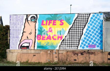 Lancing West Sussex UK 7. Januar 2021 - der Street-Artist Luke Henley, bekannt als Wooze, setzt seinen letzten Schliff an seinem neuesten Stück "Life's A Beach" an der Lancing Seafront in der Nähe von Worthing in West Sussex . Der Künstler erhielt die Erlaubnis, das Kunstwerk auf einer Wand hinter einer lokalen Garage mit Blick auf Lancing Green zu schaffen und er hofft, dass es die Gegend für Wanderer und Besucher erhellt : Credit Simon Dack / Alamy Live News Stockfoto