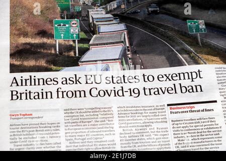 "Fluggesellschaften fordern die EU-Staaten auf, Großbritannien von der Covid-19-Reise zu befreien Schlagzeile der Zeitung Ban' Guardian am 4. Dezember 2020 in London Stockfoto