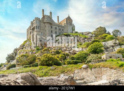 Blick auf St.Michaels Berg, Cornwall, England | Aussicht Auf St.Michaels Berg, Cornwall, England Stockfoto