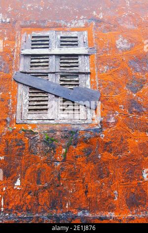 Abstrakte orange Flechte wächst auf alten Steinmauer und Holzfenster des Wat Sampov Tempel, Kambodscha. Selektiver Fokus. Stockfoto