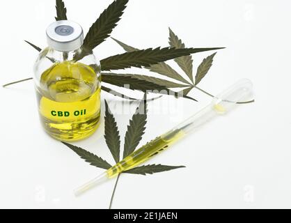 Eine Flasche mit medizinischem Marihuanaöl mit der Aufschrift cbs Öl auf weißem Hintergrund mit einigen getrockneten Marihuana-Blättern Stockfoto