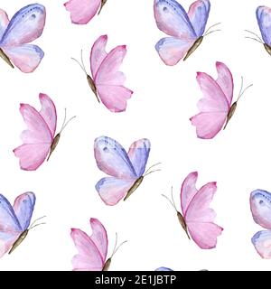 Nahtloses Aquarell handgezeichnetes Muster mit rosa lila Lavendel violetten Schmetterlingen. Trendige wilde Insekten Hintergrund für Textil-Tapete. Eleganter Vint Stockfoto