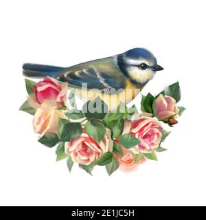 Niedliche Vogel und Frühlingsblumen. Illustration in Öl, Acryl Malerei Stil Stockfoto