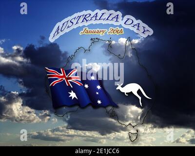 Australien Tag - 26. Januar, Karte und Flagge von Australien, Känguru, Wolken im Hintergrund, Illustration Stockfoto