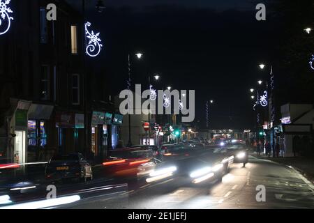 Prestwick, Ayrshire, Schottland, Großbritannien. Weihnachtslichter rund um Prestwick Cross Stockfoto