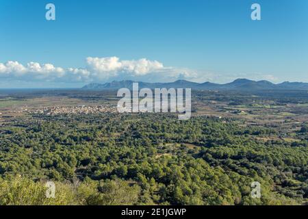 Luftaufnahme der Insel Mallorca. Natur, Berge und die Stadt Petra an einem sonnigen Tag Stockfoto