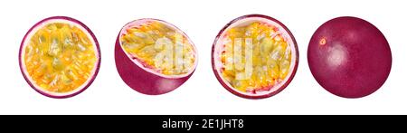 Isoliertes Set Obst. Vier Passionsfrüchte auf weißem Hintergrund mit Clipping-Pfad als Paket-Design-Element. Stockfoto