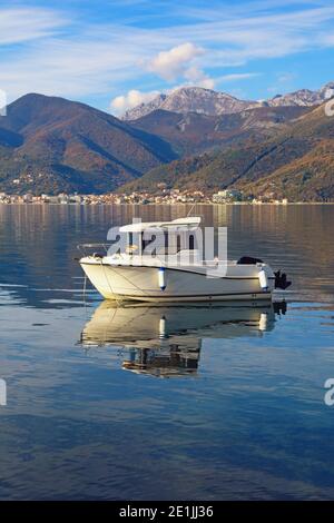 Schöne mediterrane Winterlandschaft. Montenegro. Blick auf die Bucht von Kotor in der Nähe von Tivat Stockfoto