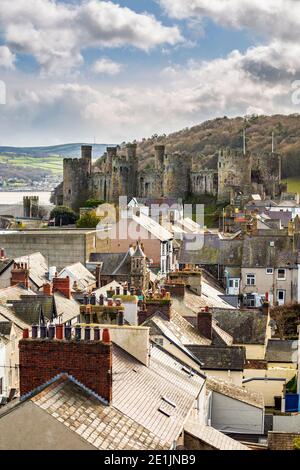 Conwy Castle über den Dächern der Stadt, Wales Stockfoto