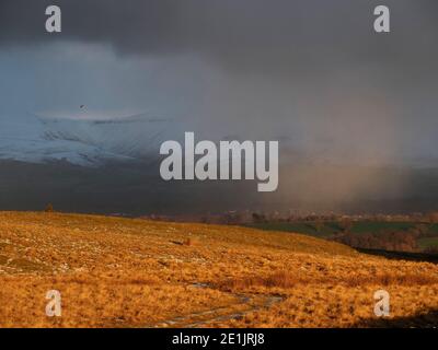 Goldenes Licht auf der Strecke durch raue Fjälls mit schneebedecktem High Cup Nick in der Ferne und Schneewolke über Appleby-in Westmorland, Cumbria, England, UK Stockfoto