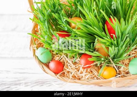 Osterkorb mit grünem Gras gefüllt mit bunten Ostereiern. Frohe Ostern Stockfoto
