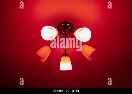 Anmutiger Kronleuchter mit fünf Armen hängt von der Decke, roter festlicher Hintergrund. Stockfoto