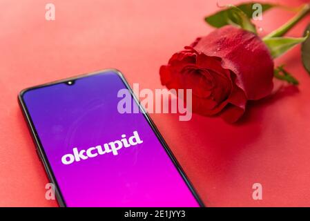 London, UK - 6. januar 2021: okcupid Dating App Logo Nahaufnahme auf Handy mit roter Rose. Konzept der Online-Dating . Romantische Wohnung lag auf rot hintergr Stockfoto