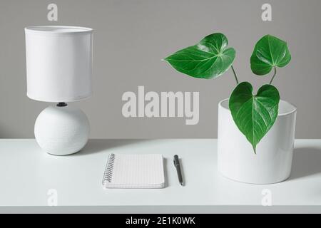 Weiße Tischlampe, ein geöffnetes Notizbuch und ein schwarzer Stift in der Nähe des weißen Topfes mit Anthurium-Heimpflanze, die auf dem weißen Tisch steht, das Konzept der Arbeit für Stockfoto
