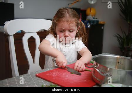 4-jähriges Mädchen, das grüne Bohnen für das Familienessen vorbereitet, Großbritannien Stockfoto