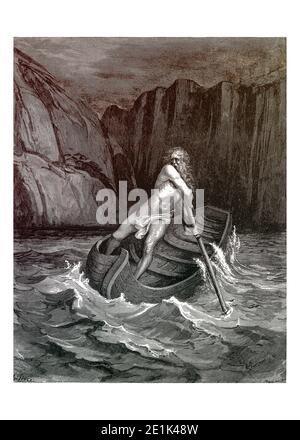 Illustration von Gustave Dore, Charon der Höllenferry aus der Göttlichen Komödie, Dantes Inferno, Datum :1880 original in s/w, Farben digital hinzugefügt Stockfoto