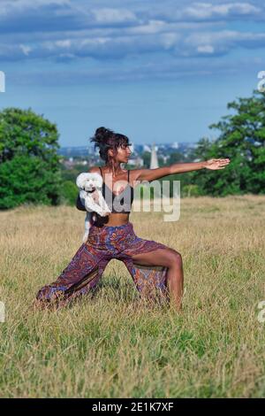 Frau, die Yoga mit ihrem Hund .Doga Yoga mit Ihrem Hund. Stockfoto