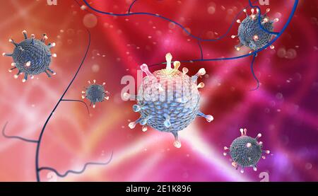 Mikroskopische Ansicht des Coronavirus, eines Erregers, der die Atemwege angreift. Covid-19. Analyse und Test, 3d-Rendering. Virusinfektion. Impfstoff Stockfoto