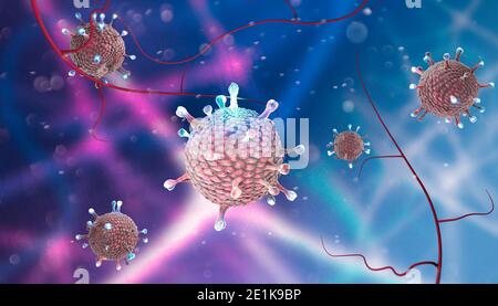 Mikroskopische Ansicht des Coronavirus, eines Erregers, der die Atemwege angreift. Covid-19. Analyse und Test, 3d-Rendering. Virusinfektion. Impfstoff Stockfoto