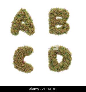 3D-Rendering von Buchstaben Alphabet mit Gras und Frühling bedeckt Blumen - Buchstaben A-D Stockfoto