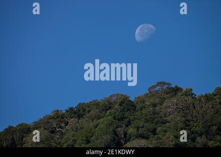 Mond über Berg zur Tageszeit Stockfoto