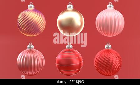 Weihnachtsmock-up mit realistischen Weihnachtskugeln. Weihnachten Glaskugel auf Red Holiday's Hintergrund. Vorlage für Weihnachtsdekoration. 3d-Rendering Stockfoto