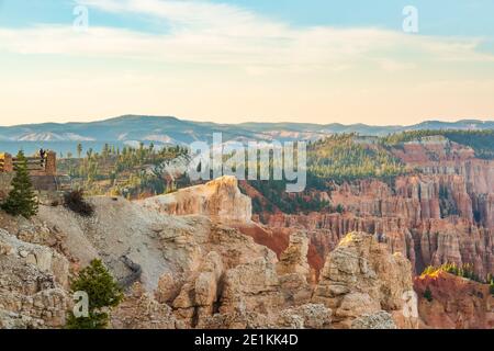 Rote Felsen und Kiefernwald. Rainbow Point, Bryce Canyon National Park, Utah Stockfoto