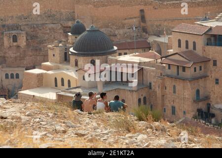 Die Heilige Lavra von Saint Sabbas, in Syrisch als Mar Saba bekannt ist ein griechisch-orthodoxes Kloster mit Blick auf das Kidron-Tal an einem Punkt auf halbem Weg zwischen dem Stockfoto