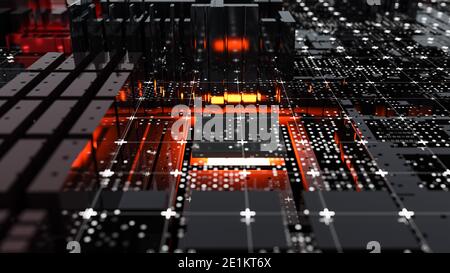 Abstract Central Computer Processors Konzept. 3D-Illustration. Konzeptionelle CPU auf Leiterplatte - Leiterplatte. Tiefenschärfe-Effekt Stockfoto