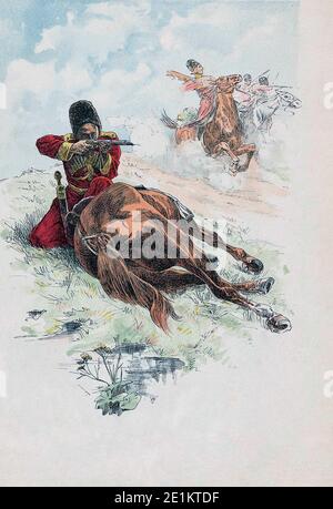Vintage Farbstich von Kaukasischen Kosaken im Kampf. Russisches Reich. 19. Jahrhundert Stockfoto