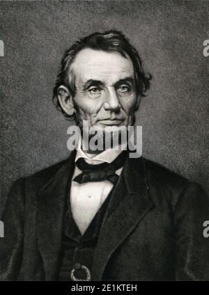 Gravur von Präsident Abraham Lincoln. Abraham Lincoln (1809 – 1865) war ein amerikanischer Staatsmann und Rechtsanwalt, der als 16. Präsident der Uni diente Stockfoto