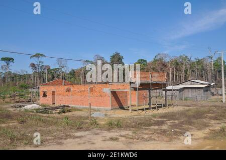 Die Auswirkungen der Entwaldung auf den Amazonas-Regenwald in Brasilien Bau eines neuen Hauses auf gerodeten Land Stockfoto