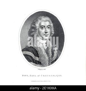 William Pitt, 1. Earl of Chatham, PC, FRS (15. November 1708 – 11. Mai 1778) war ein britischer Staatsmann der Whig-Gruppe, der Mitte des 18. Jahrhunderts als Premierminister von Großbritannien diente. Historiker nennen ihn Pitt von Chatham oder William Pitt der Ältere, um ihn von seinem Sohn, William Pitt der Jüngere, zu unterscheiden, der auch Premierminister war. Pitt war auch bekannt als der große Bürger, wegen seiner langjährigen Weigerung, einen Titel bis 1766 zu akzeptieren. Kupferstich aus der Encyclopedia Londinensis oder, Universal Wörterbuch der Künste, Wissenschaften und Literatur; Band XX; bearbeitet b Stockfoto