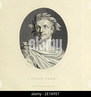 Gaius Julius Caesar (12. Juli 100 v. Chr. – 15. März 44 v. Chr.) war ein römischer General und Staatsmann, der eine entscheidende Rolle bei den Ereignissen spielte, die zum Untergang der Römischen Republik und zum Aufstieg des Römischen Reiches führten. Kupferstich aus der Encyclopedia Londinensis oder, Universal Wörterbuch der Künste, Wissenschaften und Literatur; Band XXII; herausgegeben von Wilkes, John. Veröffentlicht 1827 in London Stockfoto