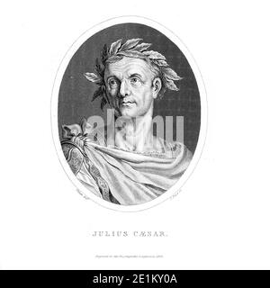 Gaius Julius Caesar (12. Juli 100 v. Chr. – 15. März 44 v. Chr.) war ein römischer General und Staatsmann, der eine entscheidende Rolle bei den Ereignissen spielte, die zum Untergang der Römischen Republik und zum Aufstieg des Römischen Reiches führten. Kupferstich aus der Encyclopedia Londinensis oder, Universal Wörterbuch der Künste, Wissenschaften und Literatur; Band XXII; herausgegeben von Wilkes, John. Veröffentlicht 1827 in London Stockfoto