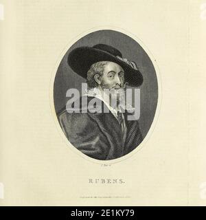 Sir Peter Paul Rubens (28. Juni 1577 – 30. Mai 1640) war ein flämischer Künstler und Diplomat aus dem Herzogtum Brabant in den südlichen Niederlanden (heute Belgien). Er gilt als der einflussreichste Künstler der flämischen Barocktradition. Kupferstich aus der Encyclopedia Londinensis oder, Universal Wörterbuch der Künste, Wissenschaften und Literatur; Band XXII; herausgegeben von Wilkes, John. Veröffentlicht 1827 in London Stockfoto