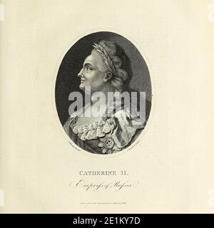 Katharina II. (Geb. Sophie von Anhalt-Zerbst; 2. Mai 1729 in Stettin – 17. November 1796), am häufigsten als Katharina die große bekannt, war von 1762 bis 1796 Kaiserin von ganz Russland – die am längsten herrschende weibliche Führerin des Landes. Sie kam an die Macht nach einem Staatsstreich, der ihren Mann und zweiten Cousin, Peter III. Gestürzt Unter ihrer Herrschaft wurde Russland größer, seine Kultur wurde neu belebt und als eine der Großmächte weltweit anerkannt. Kupferstich aus der Encyclopedia Londinensis oder, Universal Wörterbuch der Künste, Wissenschaften und Literatur; Band XXII; herausgegeben von Wilkes, Joh Stockfoto