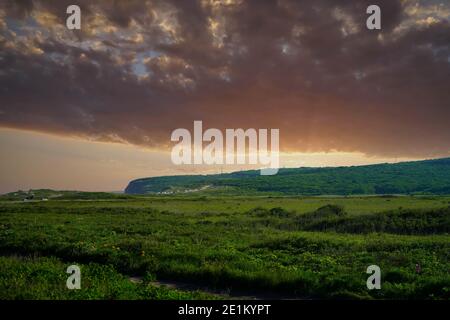 Naturlandschaft mit einem schönen Sonnenuntergang über einem grünen Feld. Stockfoto