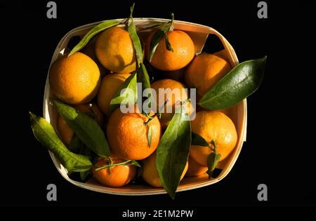 Foto mit natürlichem Licht von einigen Mandarinen in einem Korb Auf schwarzem Hintergrund Stockfoto